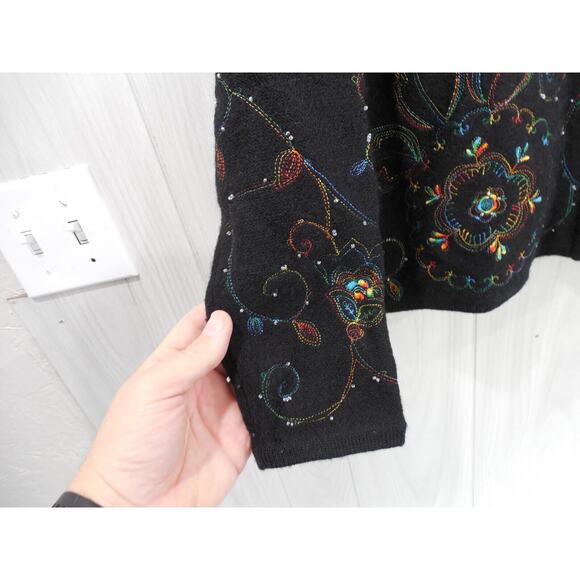 Bechamel Wool Vintage Cardigan Sweater Women’s Black Floral Beaded Embroidery PL - Picture 4 of 9